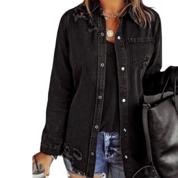 Papaya Branch Distressed Shacket‎ NWT Black size Medium Snap Front - Picture 3 of 16